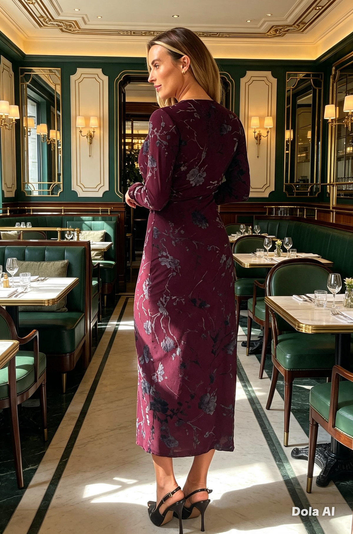 Remington Flocked Floral Cowl Neck Midi Dress Plum: WINE