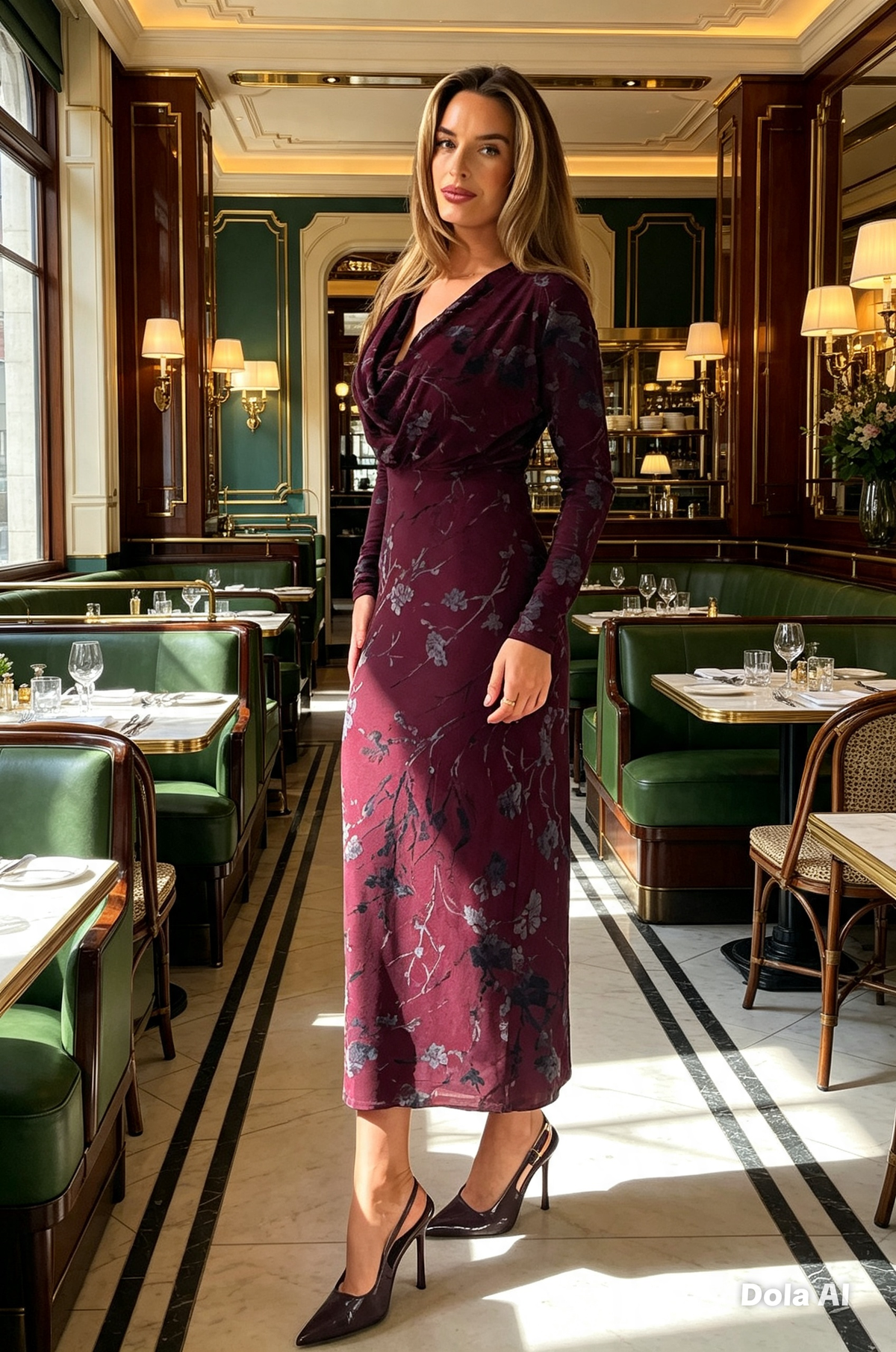 Remington Flocked Floral Cowl Neck Midi Dress Plum: WINE