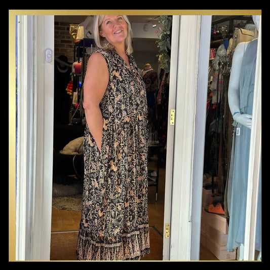 Mandarin Collar Black/Gold Maxi Dress - The Style Closet