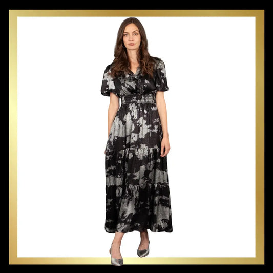 Tiered Maxi Dress Silver Metallic Oil Slick design - The Style Closet