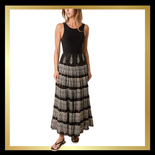 BLACK & GOLD TIERED MAXI SKIRT The Style Closet