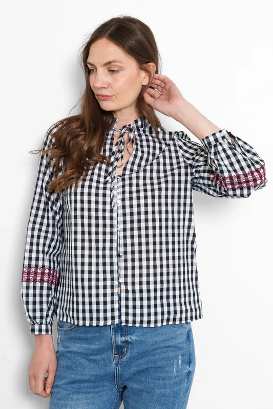 Embroidered Cotton Shirt - Black/White, Gingham The Style Closet