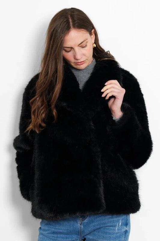 Shawl Collar Jacket- Black, Faux Fur The Style Closet
