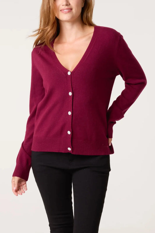 V-NECK JEWELLED BUTTON KNIT CARDIGAN The Style Closet