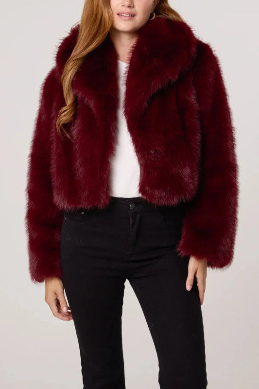 BURGUNDY FAUX FUR CROPPED JACKET The Style Closet