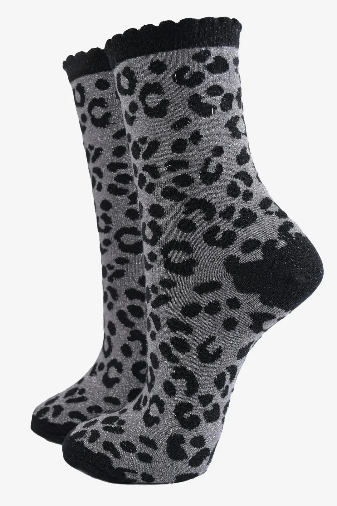 Women's Glitter Socks- Silver/Black, Leopard The Style Closet