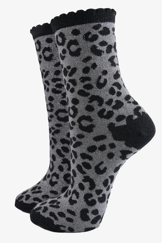 Women's Glitter Socks- Silver/Black, Leopard The Style Closet