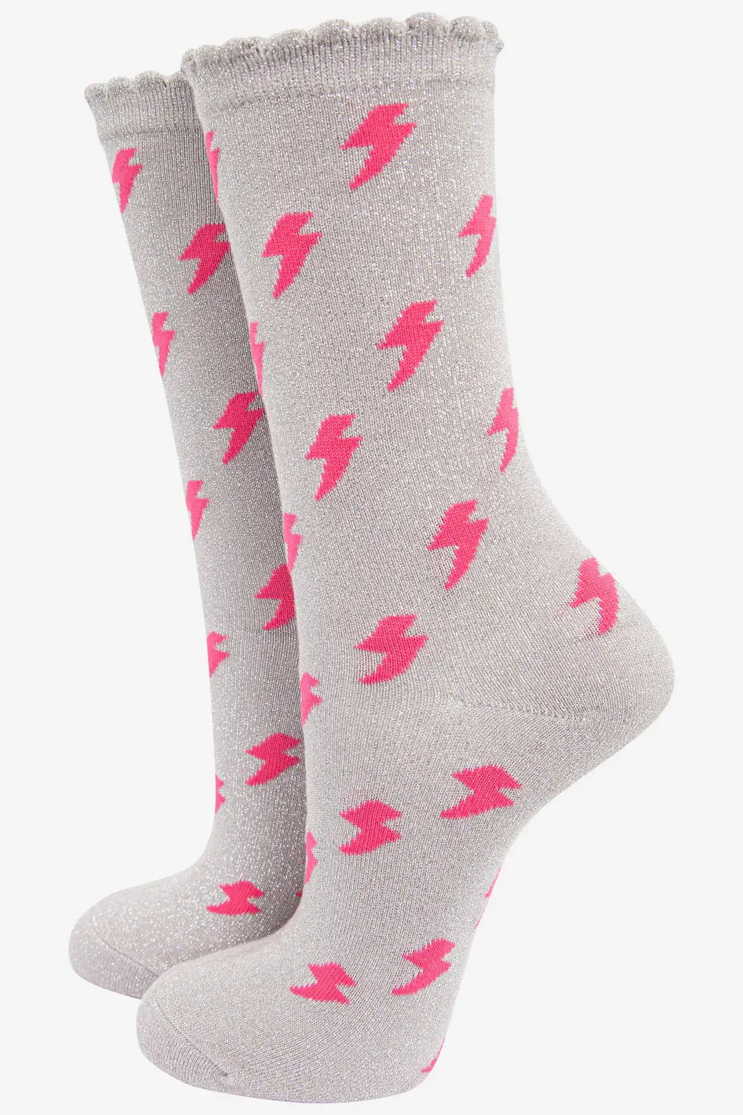 Women's Glitter Socks - Grey/Pink, Lightning Bolts The Style Closet