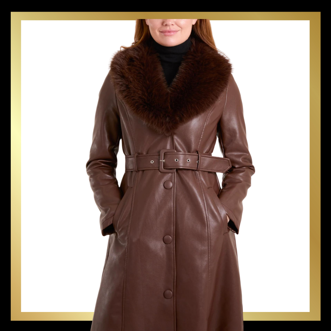 Leather Look Faux Fur Collar Coat