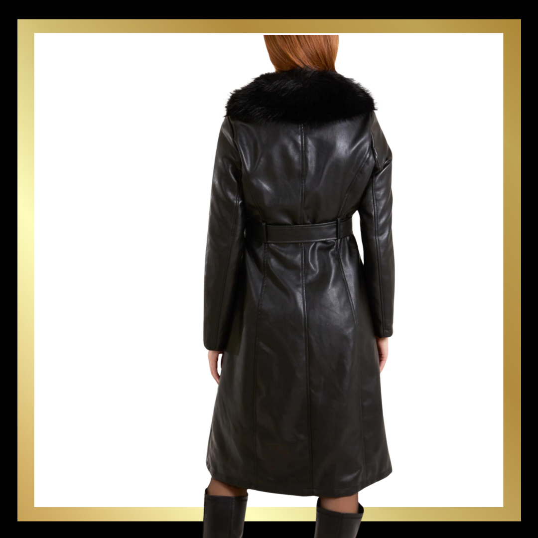 Leather Look Faux Fur Collar Coat