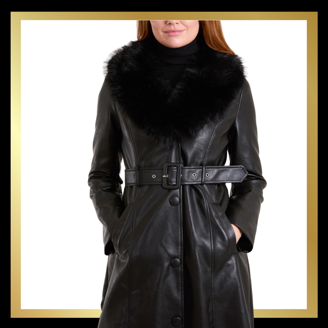 Leather Look Faux Fur Collar Coat