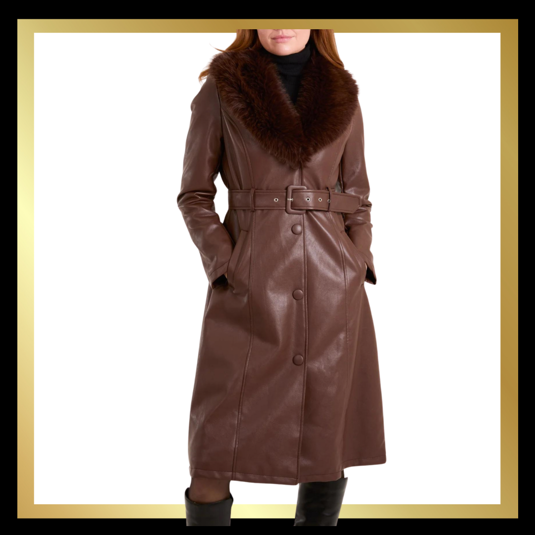 Leather Look Faux Fur Collar Coat