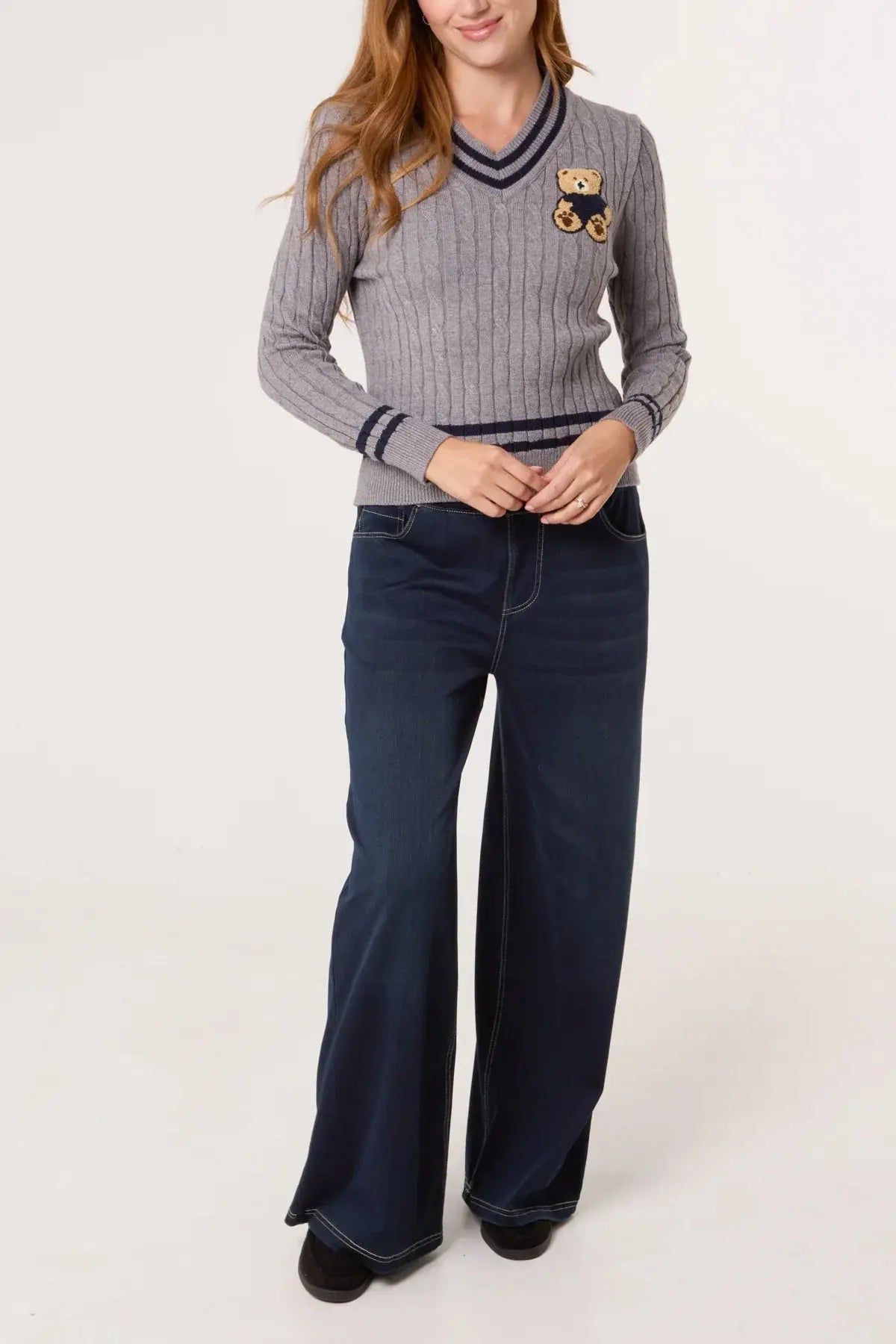 V NECK CABLE KNIT TEDDY JUMPER The Style Closet