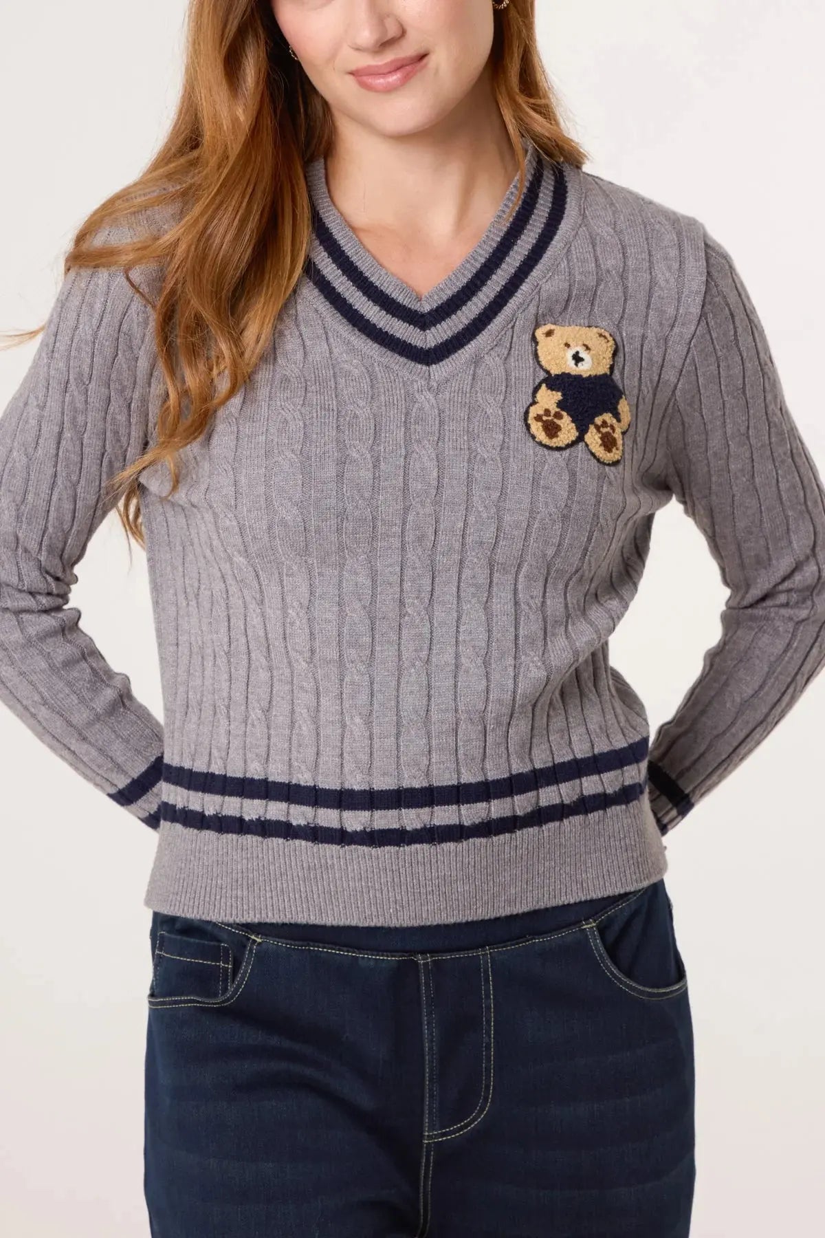 V NECK CABLE KNIT TEDDY JUMPER The Style Closet