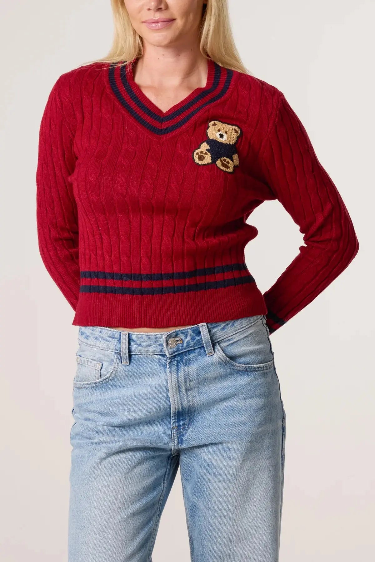 V NECK CABLE KNIT TEDDY JUMPER The Style Closet