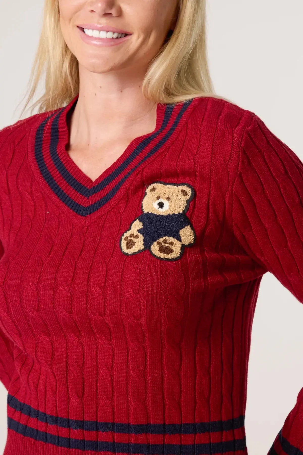 V NECK CABLE KNIT TEDDY JUMPER The Style Closet