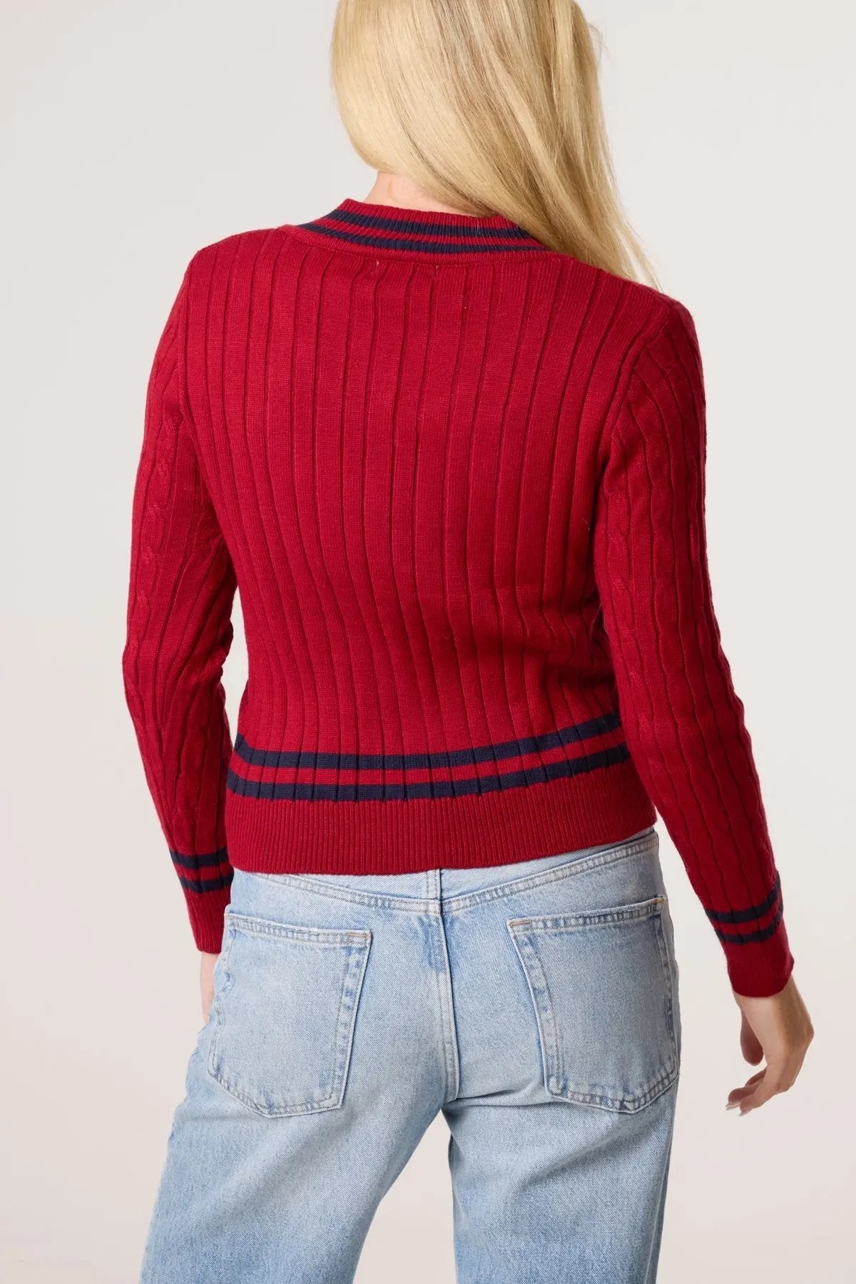 V NECK CABLE KNIT TEDDY JUMPER The Style Closet