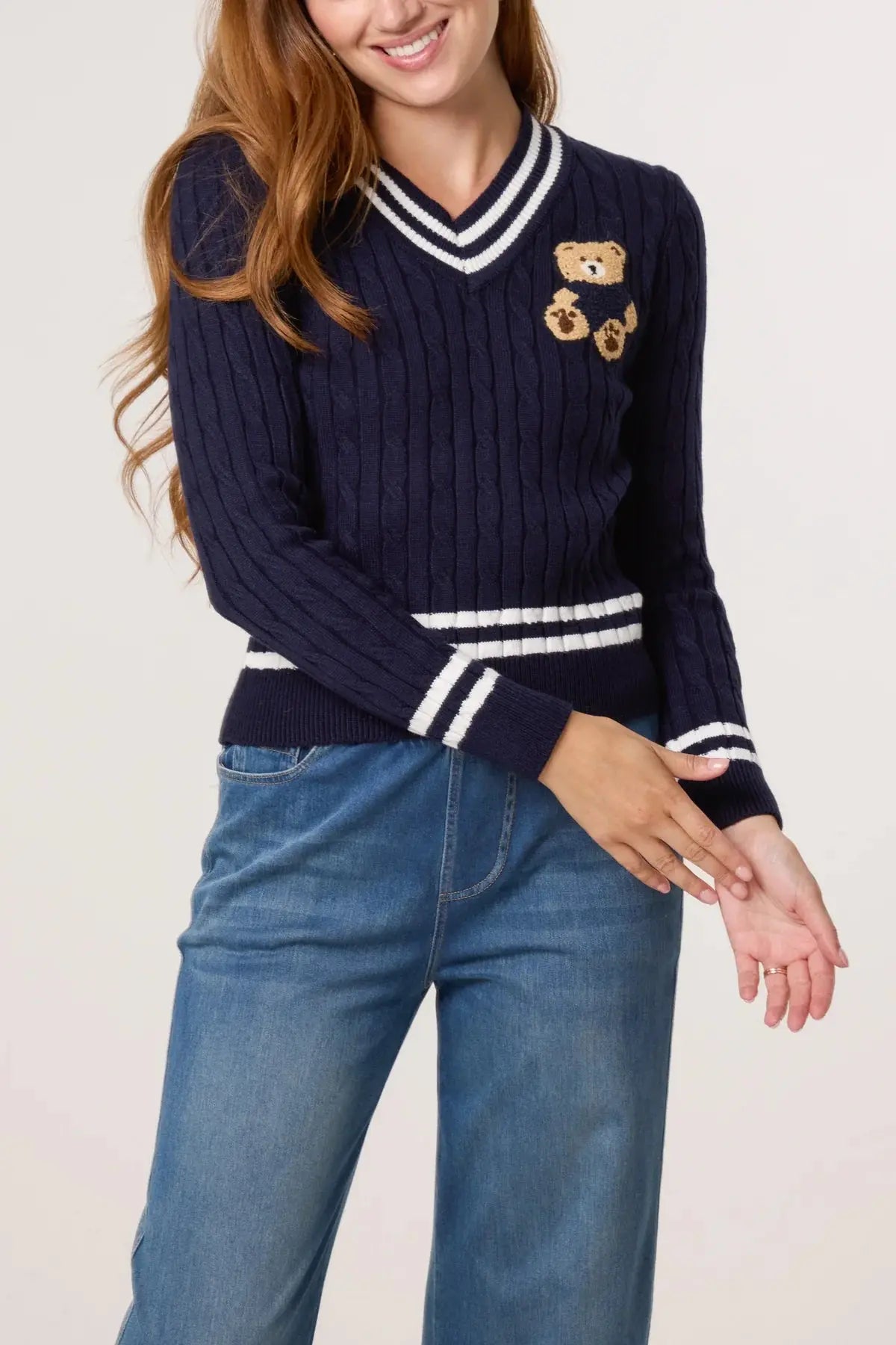 V NECK CABLE KNIT TEDDY JUMPER The Style Closet