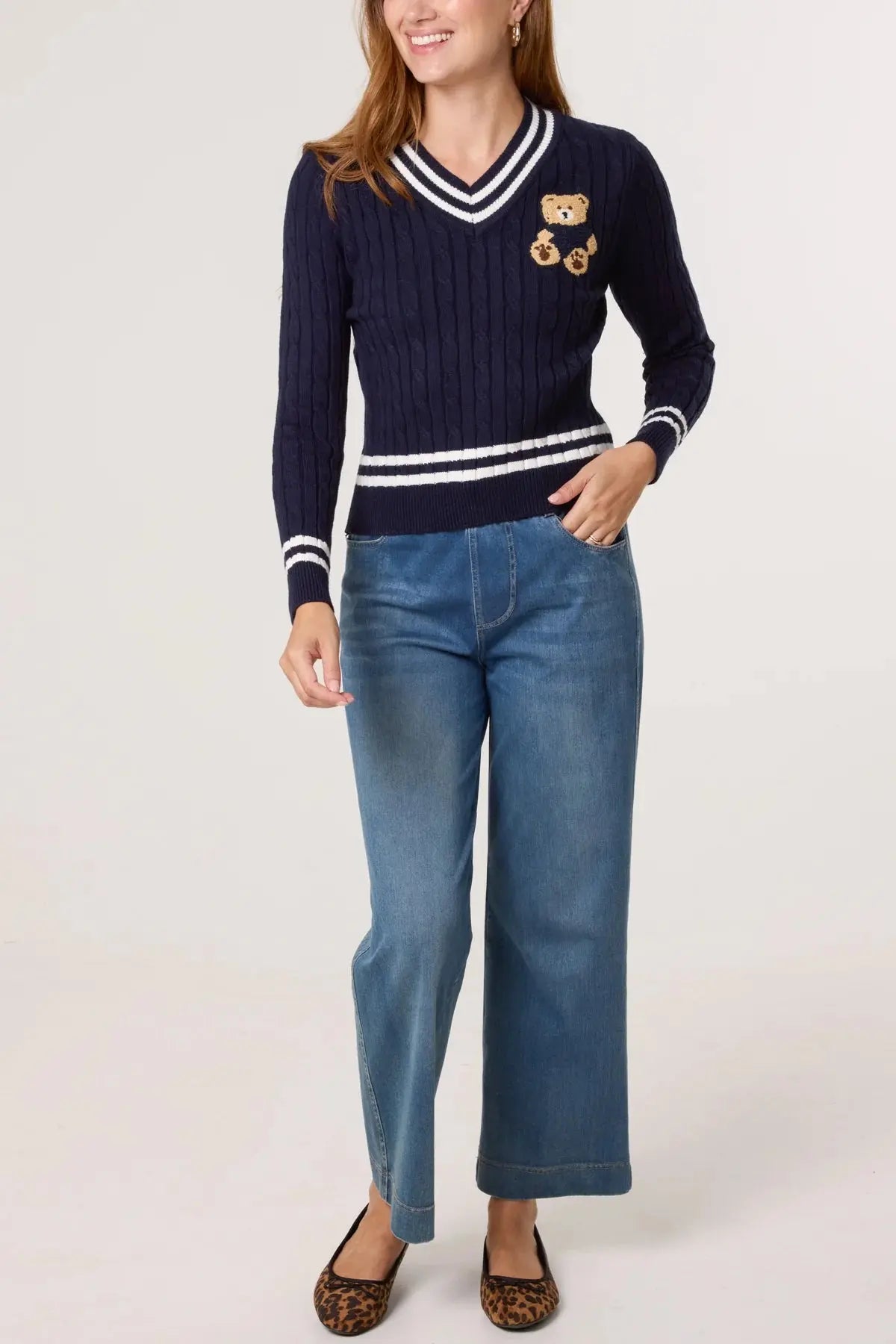 V NECK CABLE KNIT TEDDY JUMPER The Style Closet