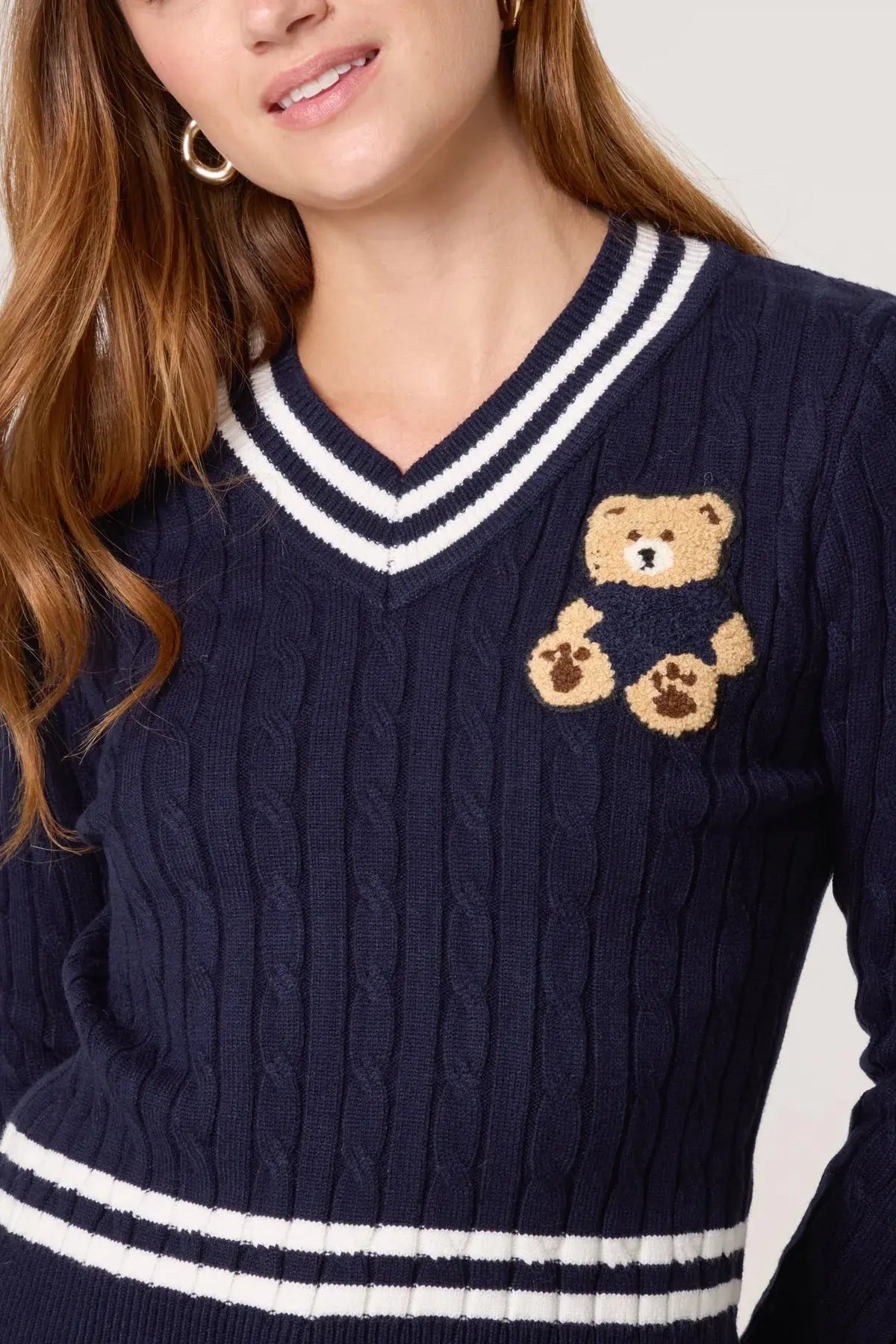 V NECK CABLE KNIT TEDDY JUMPER The Style Closet