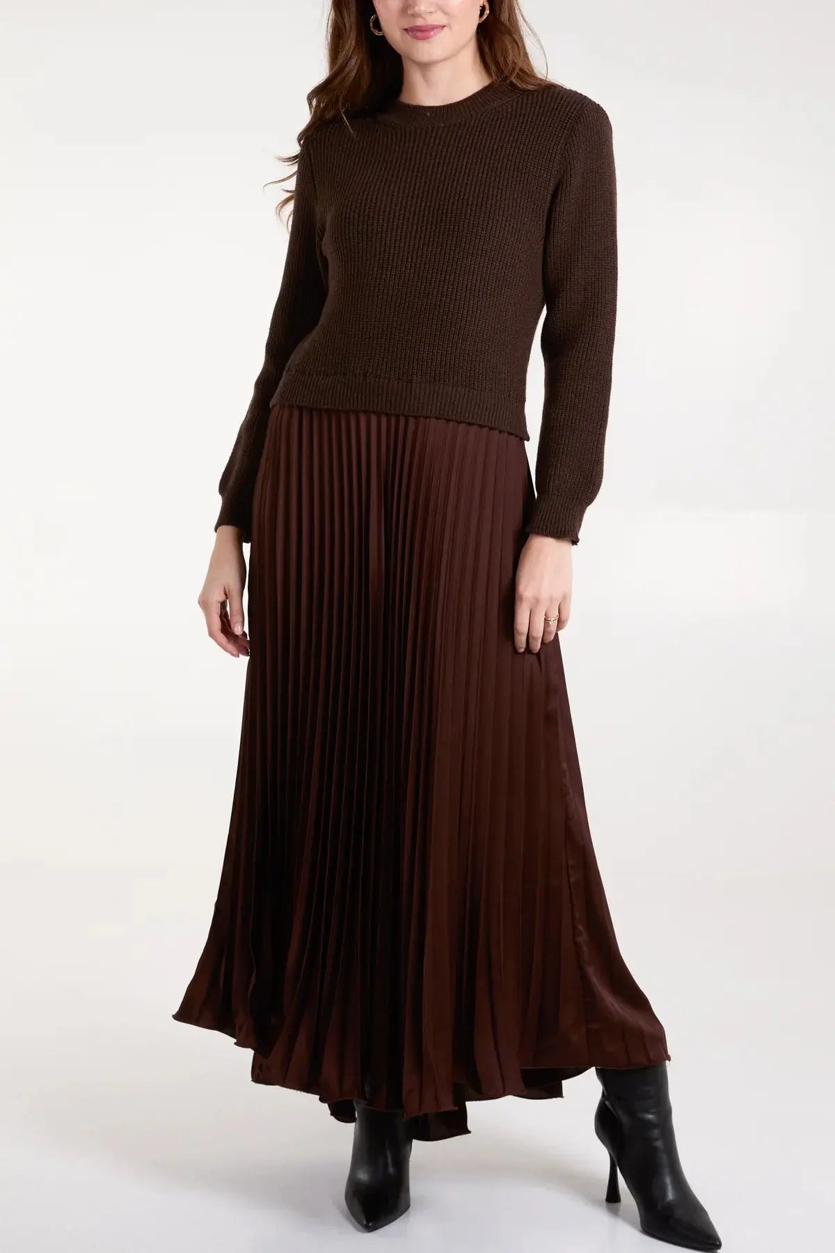 women's solid color long sleeve jumper and pleated bottom dress Women's Solid Color Long Sleeve Jumperand Pleated Bottom Dress Fashion Casual Patchwork Crewneck Spring Dresses Black L