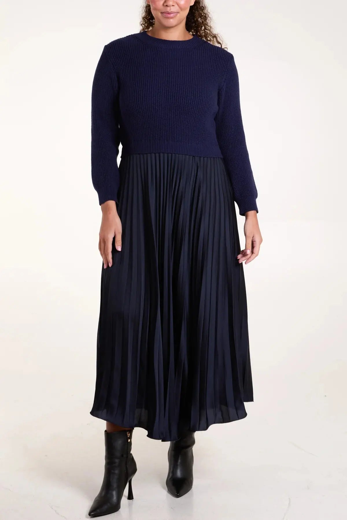 Jumper Dress with Satin Pleated Skirt