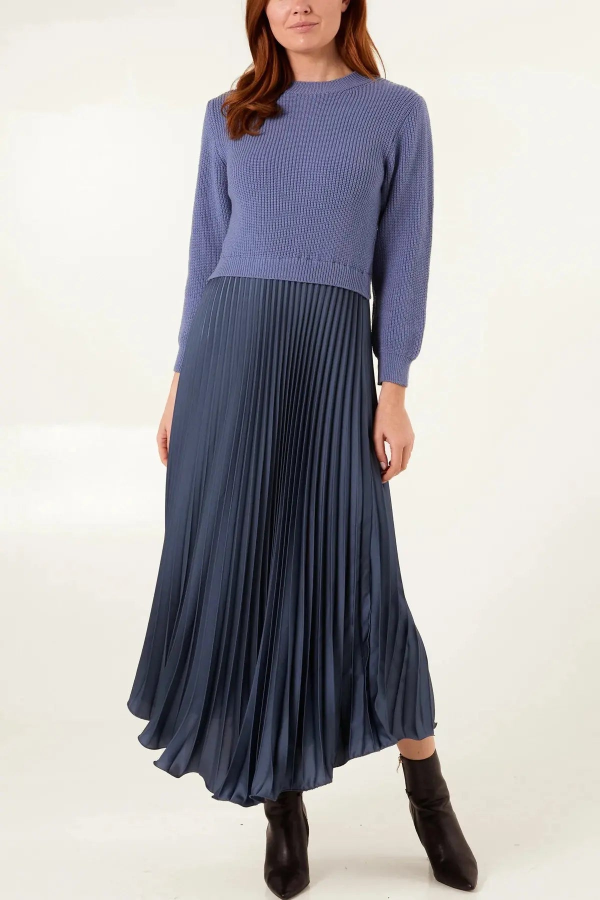 Jumper Dress with Satin Pleated Skirt The Style Closet Jumper Dress with Satin Pleated Skirt The Style Closet