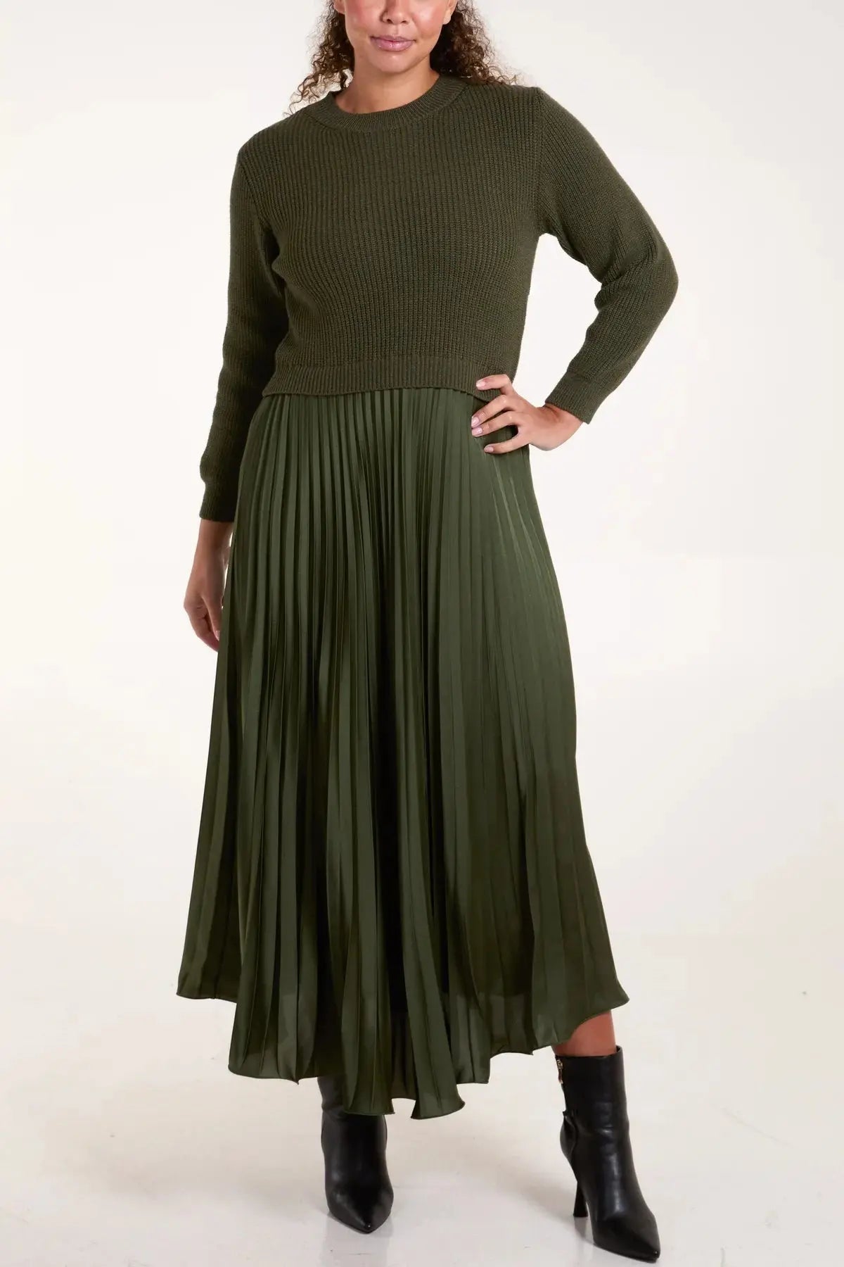 Jumper Dress with Satin Pleated Skirt