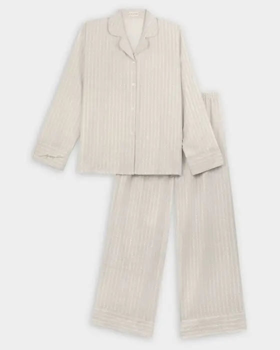 Pyjama Set - Taupe/Off WhiteWave Print The Style Closet