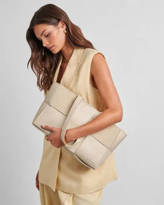 Taya Hand Woven Suedette Tote Bag in Off White - The Style Closet