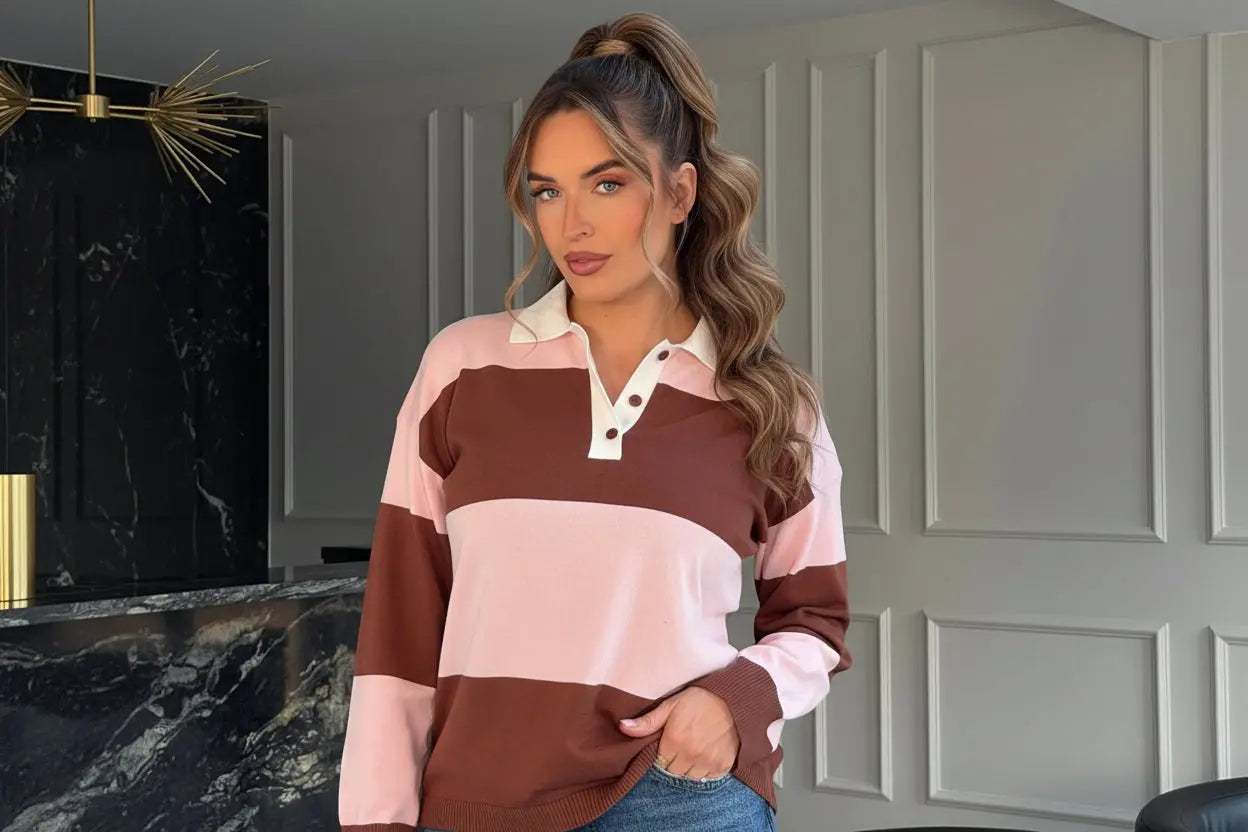 Lauren Stripe Knit Collar Top Pink The Style Closet