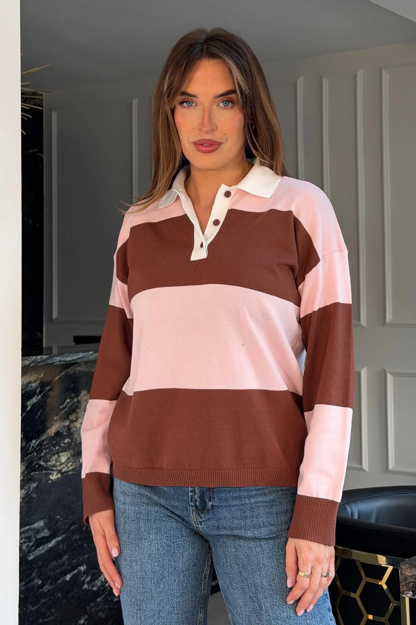 Lauren Stripe Knit Collar Top Pink The Style Closet