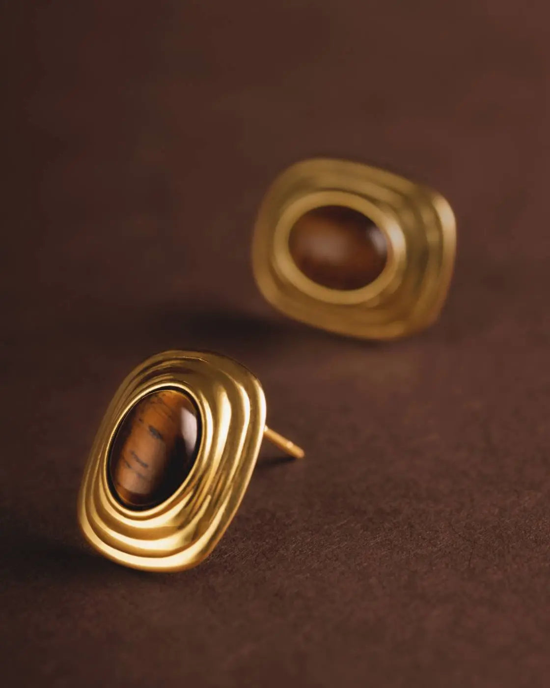 Tiger's Eye Waterproof Gold Button Stud Earrings The Style Closet
