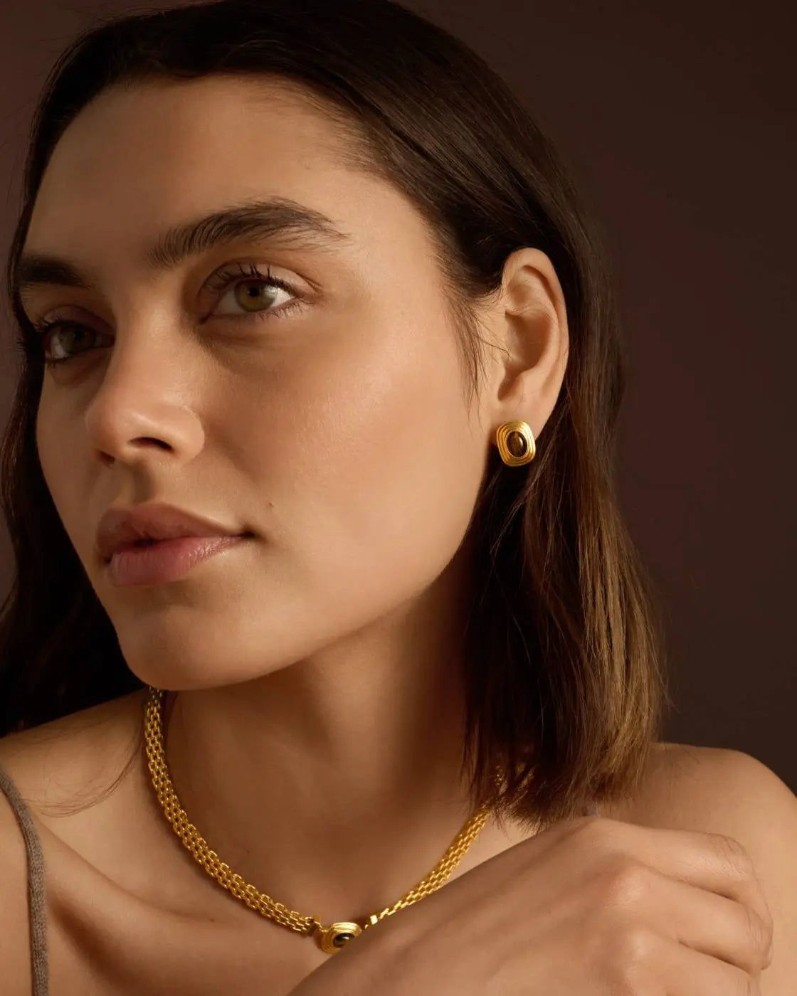 Tiger's Eye Waterproof Gold Button Stud Earrings The Style Closet