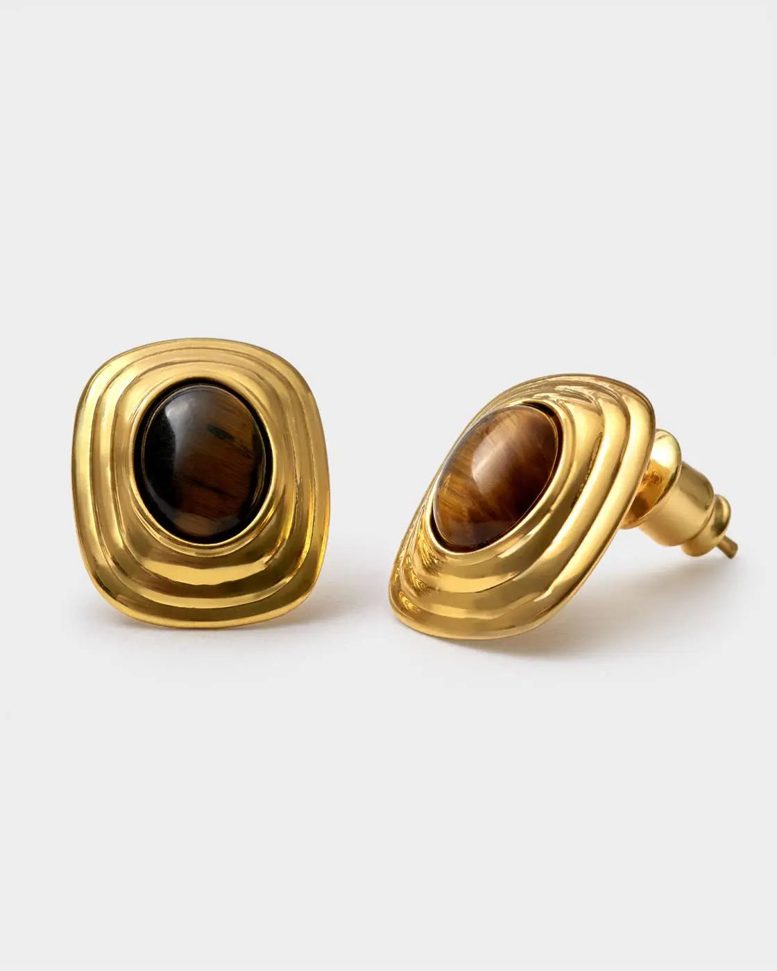 Tiger's Eye Waterproof Gold Button Stud Earrings The Style Closet