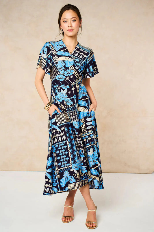 Tile Print Midaxi Wrap Dress in Navy Blue The Style Closet