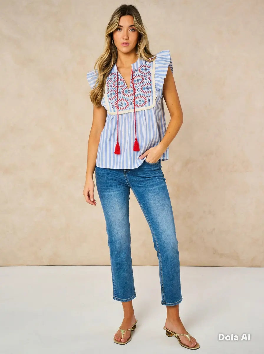 Embroidered Stripe Ruffle Sleeve Cotton Top The Style Closet