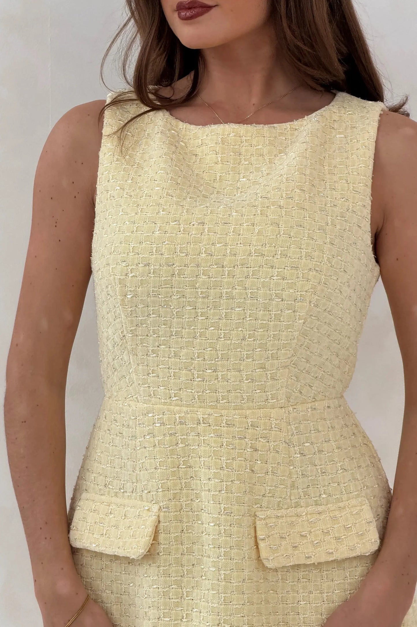 Athenia Tweed Pocket Detail Mini Dress Yellow The Style Closet