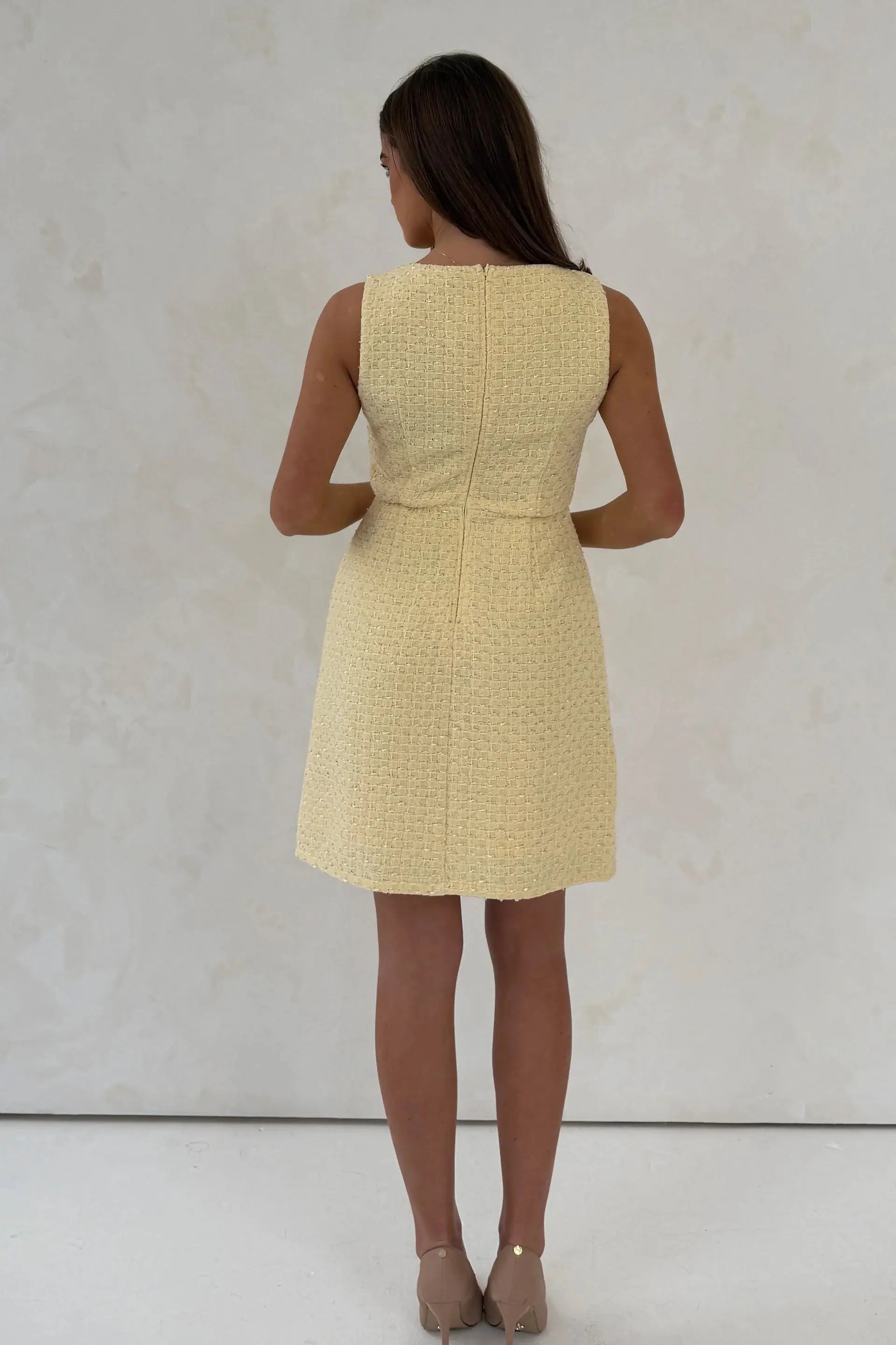 Athenia Tweed Pocket Detail Mini Dress Yellow The Style Closet