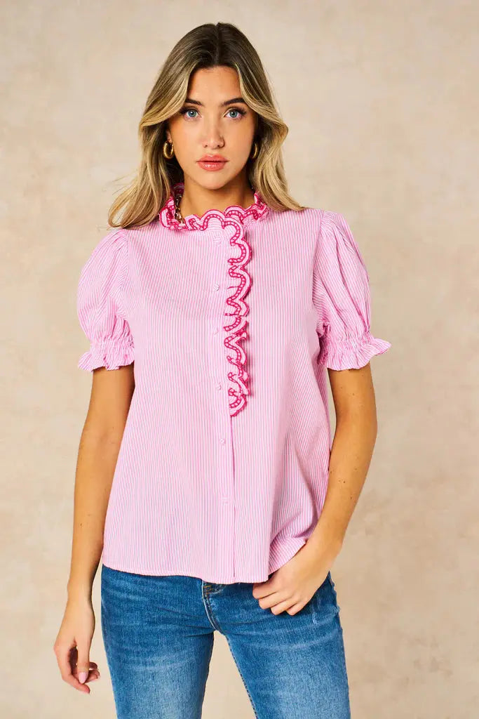 Candy Stripe Short Sleeve Cotton Shirt in Pink The Style Closet