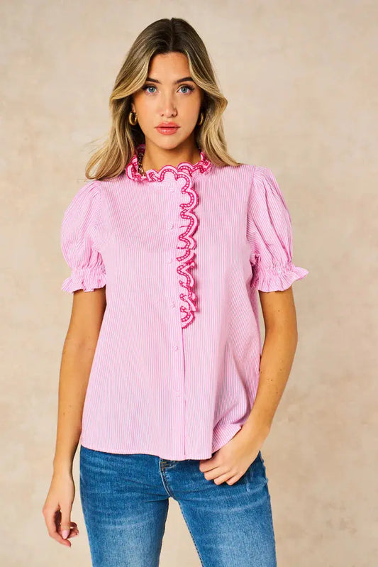Candy Stripe Short Sleeve Cotton Shirt in Pink The Style Closet