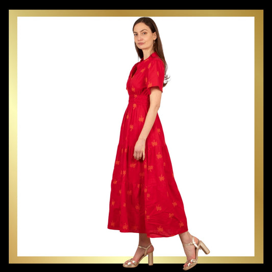 Tiered Cotton Maxi Dress - Red/Orange or Black/Gold