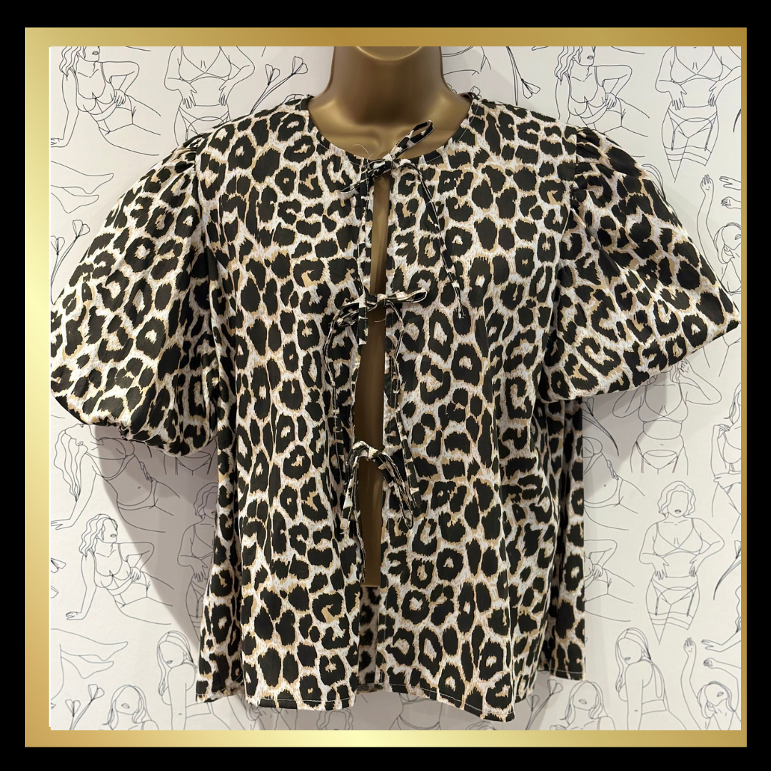 Cotton poplin peplum tie shirt top in leopard print