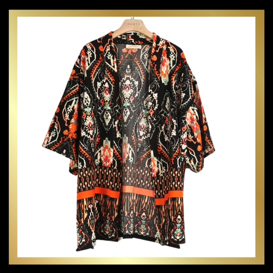 Mandala Print Kimono  Black and Orange