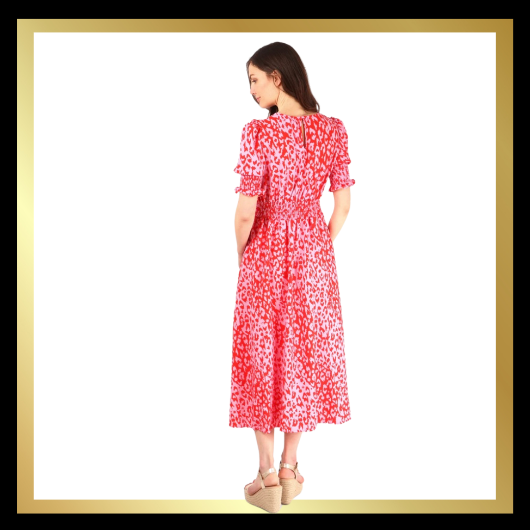 Pink Leopard Print Tea Dress With Front Split