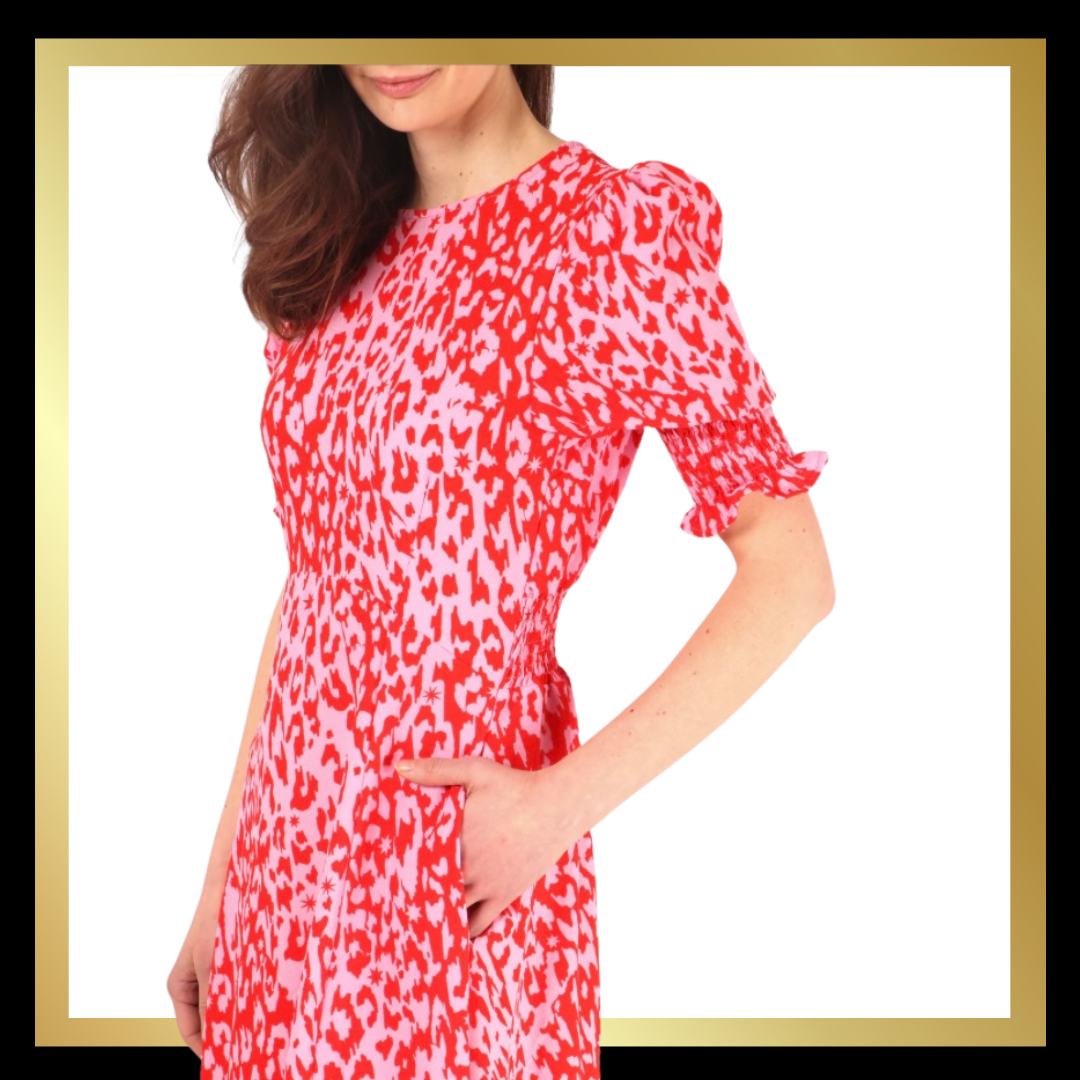 Pink Leopard Print Tea Dress With Front Split