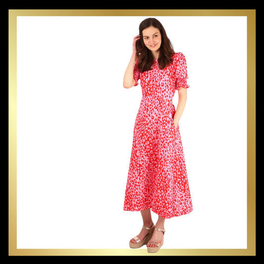 Pink Leopard Print Tea Dress With Front Split