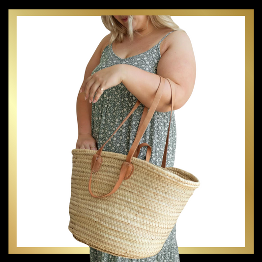 French market bag, Straw bag with leather handle, Beach bag