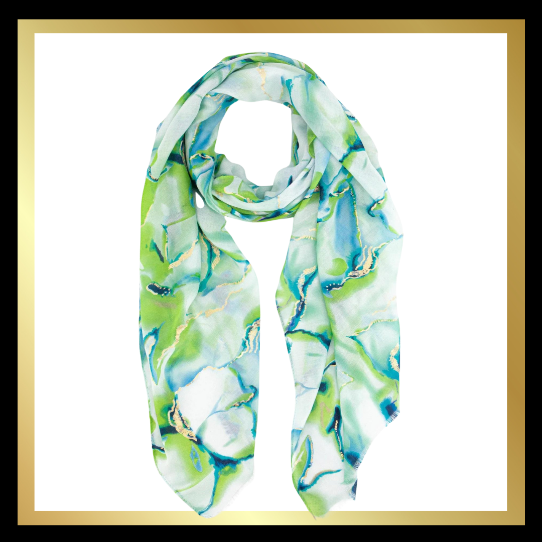 Tie Dye Wave Print Scarf with Gold Metallic Foil in Lime: One-size