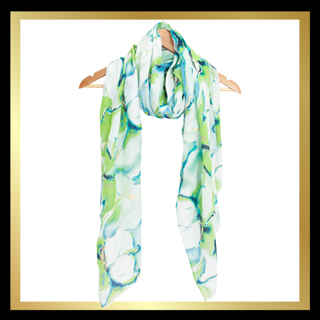 Tie Dye Wave Print Scarf with Gold Metallic Foil in Lime: One-size